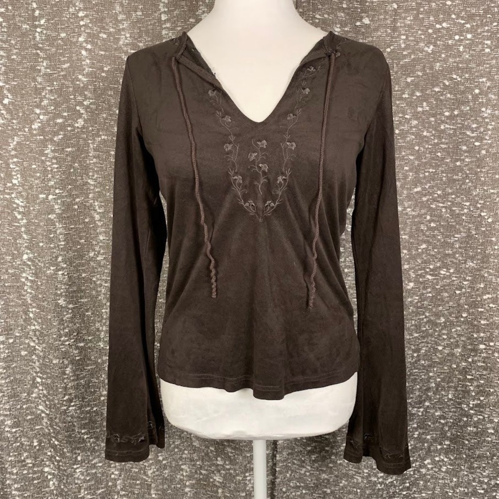 Vintage Express Jeans Brown Embroidered Long Sleeve Top Y2K Boho Women's M